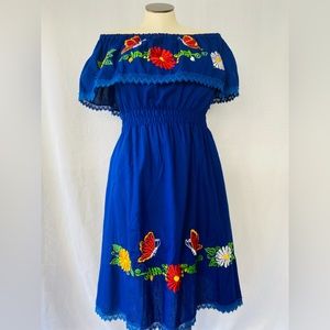 Blue Mexican embroidery dress with butterflies